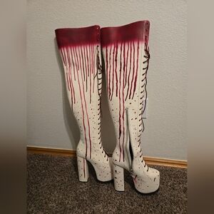 Spooky White With Red Drip Women's Platform Thigh High Boots
